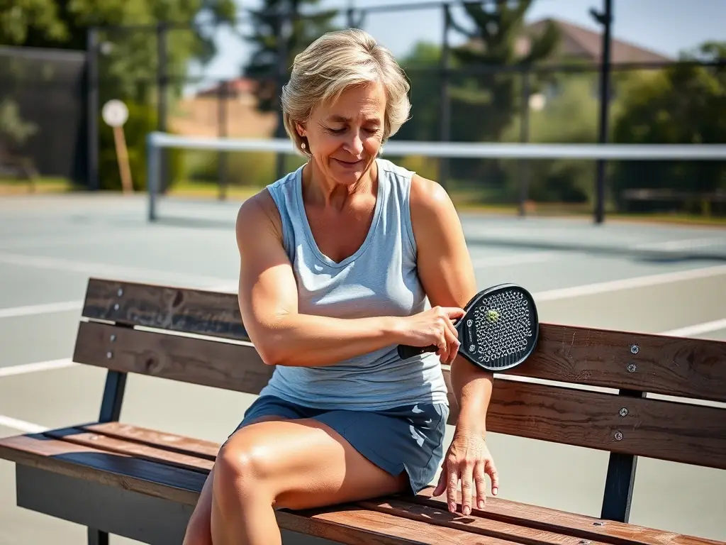A pickleball player using ice pack on their shoulder after a match, highlighting the importance of recovery strategies for mature athletes.