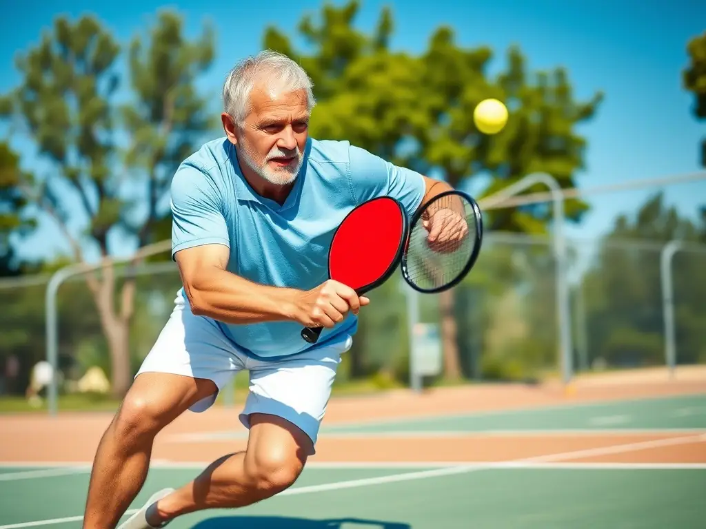 A senior pickleball player stretching their calf muscle on the court, emphasizing the importance of warm-up routines for injury prevention.
